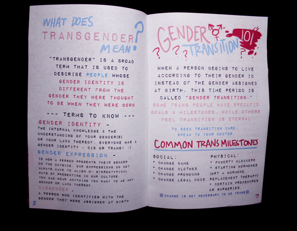 A two page spread in my zine reading about what transgender means and introducing some key terms and generally common milestones in transition, while also reminding the reader that change is not necessary to be transgender or nonbinary.